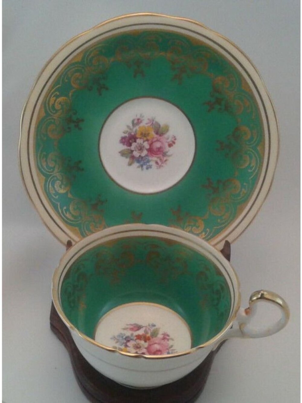 Aynsley Green & Floral Low Doris Shape Bone China Tea Cup And Saucer